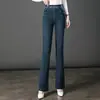 Calças Bootcut de Cintura Alta Forradas com Fleece 7093 para Mulheres no Inverno Novo Estilo Calças para Mulheres de Meia-Idade Jeans Reto Elástico para Roupa Externa Calças Flare