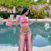Camiseta de manga corta con estampado de letras rosas para niña, estilo americano, vintage Y2K, top corto ajustado con hombros descubiertos para mujer