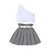 Conjunto Novo de Três Peças para Meninas Coreanas Transfronteiriço: Top Curto de Ombro a Ombro + Saia Plissada Pied-de-Poule + Cinto