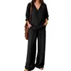 2026 Roupa Feminina Casual Transfronteiriça Europeia e Americana Cor Sólida Decote V Suéter Manga Longa Top Solto Calça Longa Wide Leg Conjunto de Duas Peças