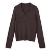 Suéter de Punto de Lana para Mujer con Cuello en V Estilo Minimalista Old Money, Nuevo Estilo Otoño con Doble Bolsillo, Top de Manga Larga de Color Sólido para Mujer