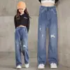 Calças Jeans Wide Leg Bordadas para Meninas Primavera e Outono Calças de Perna Reta para Meninas Pequenas Calças Largas Grandes para Crianças Venda por Atacado de Fábrica