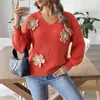 Otoño/Invierno 2026 Nuevo Estilo Europeo y Americano Suéter Pulóver de Retazos con Parche de Flor de Perlas Tridimensional Ropa de Punto para Mujer Transfronteriza