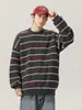 Suéter Retrô de Listras Coloridas com Gola Redonda para Homens, Estilo Outono e Inverno, Tricô Grosso, Estilo Solto e Relaxado, Tricô Pulôver Macio