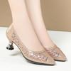 Sapatos de salto alto femininos da moda elegantes elegantes primavera novos sapatos de camada única salto agulha salto médio malha respirável oco sapatos femininos de couro