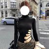 Top Interior Fino de Manga Larga para Mujer, Estilo Francés Transfronterizo Americano, Revela Cintura, Delgado, Cuello Medio Alto Oscuro, Primavera y Otoño, Chica Popular