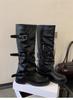 Botas Vintage Franzidas de Cano Baixo para Mulheres 2025 Nova Moda Outono/Inverno Designer Fivela de Cinto Botas Longas