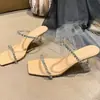 Sandalias de mujer 2026 verano con pedrería, de una tira, slip-on para uso exterior, de tacón alto, elegantes, tacones altos de cristal estilo diosa