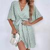 Vestido feminino de verão 2023, estilo europeu e americano, com estampa de ondas e decote em V, manga curta e cinto na cintura