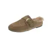 Mules estilo perezoso cómodos sin zapatillas de pelo de otoño para mujer hermosa hebilla zapatillas de exterior sin cordones correa de cuero retro