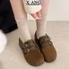 Cuero Genuino Estilo Vintage Suela Gruesa Super Suave Zapatos Birkenstock Completamente Cubiertos Más Terciopelo Cálido Segundo Algodón Zapatos de Mujer Mocasines Perezosos Sin Cordones