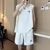 Playera sin mangas de seda de hielo de secado rápido para hombre, verano, nueva, de manga corta, traje de shorts, chaleco holgado moderno, conjunto de dos piezas