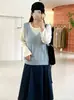 Suéter de tricô feminino plus size com gola redonda, imitando duas peças, coleção outono 2026, blusa base de manga longa para mulheres plus size
