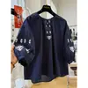 Top de Algodão Puro com Bordado Pesado, Gola Redonda, Manga Sete Pontos, Feminino, Verão, Camisa Boneca, Camisa Solta, Blusa