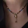 Colar com Pingente de Flor de Pônei Gota de Óleo Vintage com Franja para Mulheres, Ano do Zodíaco, Outono/Inverno, Corrente de Clavícula com Contas de Olho de Tigre de Luxo Discreto