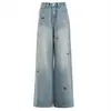 Jeans de pierna ancha para mujer con bordado de perro azul claro, nuevos pantalones rectos de otoño 2026 con diseño de cintura alta adelgazante