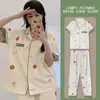 Pijama de Encaje de Alta Gama para Mujer con Pantalones Cortos, Cardigan Fino de Primavera, Otoño y Verano, Traje Sencillo Retro Verde para el Hogar