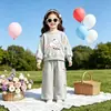 Conjunto de Moletom Primavera e Outono de Comércio Exterior para Meninas Estampa de Cachorrinho de Desenho Laço Menina Calça Wide Leg Conjunto Casual de Duas Peças