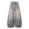 Jeans de Mezclilla con Parche de Camuflaje y Estrella para Hombre 2025 Tendencia Estilo Americano Pantalones Vintage Lavados con Caída de Pierna Ancha