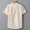 Camisa de Manga Corta de Algodón Lino para Hombre Verano Viento Lino Casual Color Sólido Simple Cuello Pequeño Top para Hombre