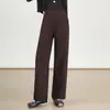 Calça Lã Elegante Marrom de Perna Larga para Mulheres Inverno 2025 Nova Moda Calça Casual Solta Cintura Alta Reta Comprimento Total