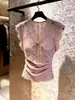 Top Fino Único y Hermoso con Cordones y Cuello en V, Camisa Rosa de Verano para Mujer, Ligeramente Transparente, Plisada, de Manga Corta