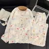 Conjunto de pijama feminino Wan Nian Ge de manga longa e calça longa, com um fofo design de elefante e laço, adequado para primavera e outono, tamanho plus, modelagem solta para ficar em casa