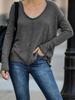 2021 Amazon wish europeo y americano transfronterizo otoño e invierno nuevo top de mujer de color sólido con cuello en V y manga larga ebay