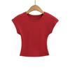 7579-25 Primavera Novo Estilo Europeu e Americano Simples Casual Pequena Gola Redonda Pequena Manga Voadora Sexy Umbigo Manga Curta Camiseta