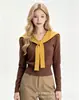 Suéter de tricô estilo xale com blocos de cor para mulheres, nova coleção outono/inverno, macio e confortável, design justo, elegante e valoriza a silhueta, perfeito como camada interna ou suéter