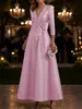2026 Elegante Vestido de Noche de Satén con Escote en V y Mangas Tres Cuartos, Corte A, Ceñido a la Cintura, Formal para Banquetes, Novia, Vestido de Boda