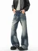 Jeans de calle lavados con bigotes para hombre, pantalones acampanados azules de moda estilo americano para otoño, pantalones rectos geniales vintage