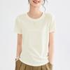 Camiseta Feminina de Verão 1688 de Linho Tencel Leve, Ombro Largo, Gola Redonda, Manga Curta, Cor Sólida, Simples, Combina com Tudo