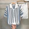 Colete Listrado Estilo Americano High Street Tricô Camiseta Masculina Verão Simples Estilo Preguiçoso Gola Laith Top de Meia Manga Vazado