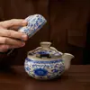 Olla Azul y Blanca de Mano Set de Té Kung Fu de Viaje Cerámica Portátil Estilo Camping al Aire Libre Taza Rápida Una Olla Tres Tazas