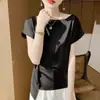 Camiseta versátil de satén, sin hombros, manga corta, estilo coreano de verano, color liso, top simple y elegante para mujer