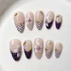 30 peças de unhas postiças estilo francês, estilo retrô, doces, com bolinhas roxas, gardênia branca, contas douradas e pontas em formato de amêndoa, atacado