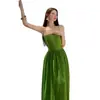 Lindo Vestido de Verão com Alças e Costas Abertas para Mulheres, Vestido Longo Verde que Afina a Cintura, Vestido Sexy Estilo Francês