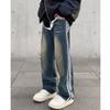 Pantalones vaqueros rectos, holgados, estilo retro, lavados, de estilo americano, de marca de moda para hombre, con tres barras de rayas y pierna ancha.