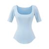 Camiseta Máscara Estilo Dulce y Picante Puro Deseo Cuello Cuadrado Manga Tres Cuartos Mujer Verano 2025 Nuevo Top de Color Sólido Adelgazante a la Cintura Hombro Derecho