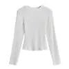 Camiseta Feminina de Manga Longa Ribatada Algodão Slim Fit, Camiseta Slim Fit de Gola Redonda Estilo Similar, Cor Sólida para Primavera e Outono