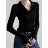 Camisa polo azul marino estilo francés con cuello camisero, camiseta base de punto para mujer, suéter de principios de otoño, top elegante de manga larga de alta gama