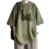 Camiseta de Manga Corta para Hombre de Gamuza con Flor Quemada Verano Holgada Pesada Media Manga Estilo Americano Marca de Moda Ropa Casual