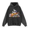 Sudadera con capucha negra lavada y desgastada con estampado de anime, estilo retro americano de alta resistencia bidimensional, corte holgado para otoño e invierno, transfronterizo