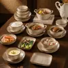 Conjunto vintage de tigela de arroz e prato com esmalte de forno estilo japonês, louça de cerâmica para uso doméstico, incluindo tigelas, pratos, tigelas de sopa, tigelas para macarrão e pratos de servir