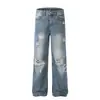 Jeans destroyed com vibe de street style americano para mulheres, tamanho plus size vintage, caimento solto, calças retas largas lavadas, calças compridas até o chão