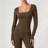 Camiseta Deportiva de Cuello en U Cross Yoga para Mujer, Top Adelgazante Fitness, Hombros Descubiertos Estilo Americano, Ropa de Yoga de Manga Larga