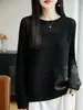Suéter de Tricô Gola Redonda 100% Algodão Novo Outono/Inverno 2026 Manga Longa Feminino Cor Sólida Vazado Solto Camisa Base Top