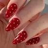 Unhas Vestíveis Cor Vinho com Alto Brilho, Bolinhas Vermelhas Brilhantes e Brancas, Unhas Postiças Acabadas Versáteis Longas em Formato Amêndoa