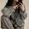 Cardigan suéter jaqueta de tricô com gola V e mangas bufantes, estilo coreano chique, outono, simples e casual, de caimento solto, para mulheres